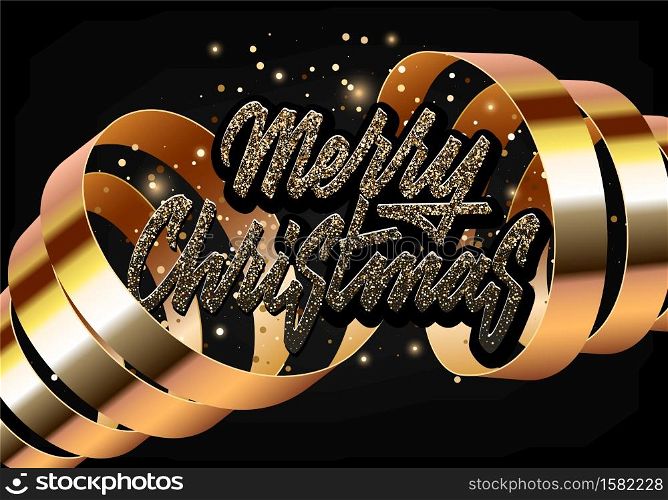 Merry Christmas and Happy New Year card lettering decorated with gold ribbon