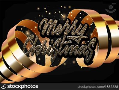Merry Christmas and Happy New Year card lettering decorated with gold ribbon