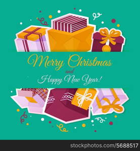 Merry christmas and happy new year card with holiday gift boxes vector illustration