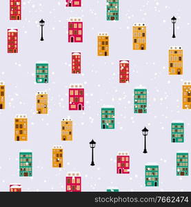 Merry Christmas and Happy New Year Card with Little Town Seamless Pattern Background. Vector Illustration EPS10. Merry Christmas and Happy New Year Card with Little Town Seamless Pattern Background. Vector Illustration