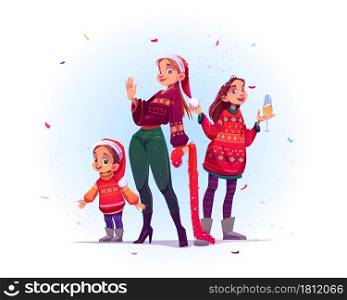 Merry Christmas and Happy New year celebration. Cheerful women and child family characters in Santa hat and knit sweaters drink champagne with falling confetti around, Cartoon vector illustration. Merry Christmas and Happy New year celebration
