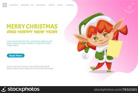 Merry christmas and happy new year celebration with winter holidays. Cute female elf holding letter or greeting card in hands. Dwarf vector. Website or webpage template, landing page flat style. Merry Christmas and Happy New Year Female Elf
