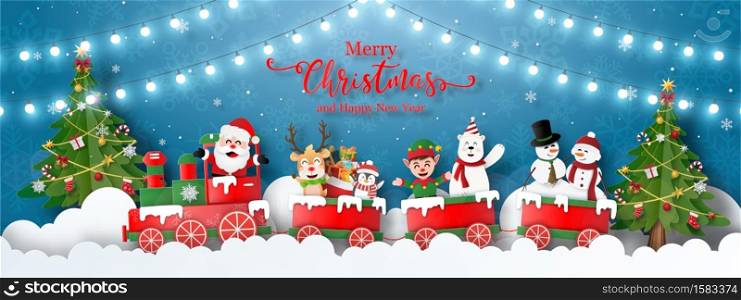 Merry Christmas and Happy New Year, Christmas banner postcard of Christmas party with Santa Claus and friends with Christmas train