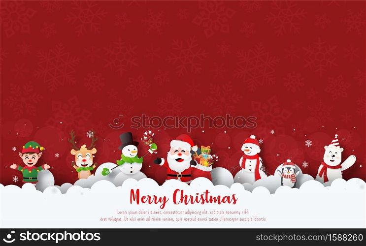 Merry Christmas and Happy New Year, Christmas banner postcard of Christmas party with Santa Claus and friends on the sky with blank space