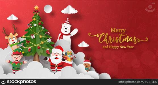 Merry Christmas and Happy New Year, Christmas banner postcard of Santa Claus and friends with christmas tree