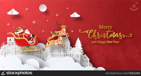 Merry Christmas and Happy New Year, Christmas banner postcard of Santa Claus on a sleigh in the village