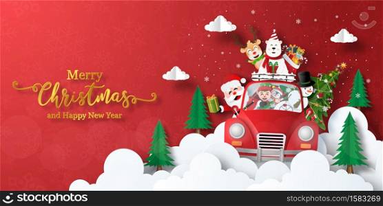Merry Christmas and Happy New Year, Christmas banner postcard of Santa Claus and friends in a Christmas car