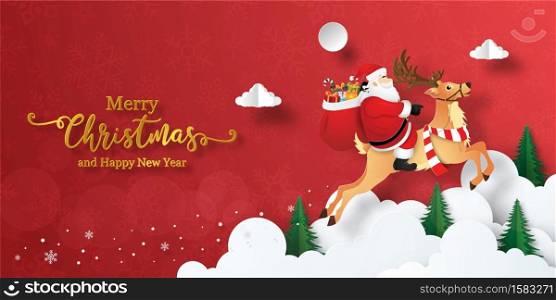 Merry Christmas and Happy New Year, Christmas banner postcard of Santa Claus and reindeer on the sky