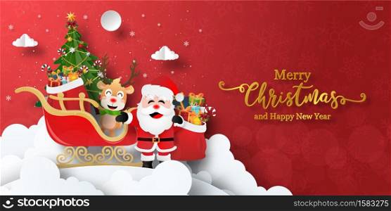 Merry Christmas and Happy New Year, Christmas banner postcard of Santa Claus and reindeer with sleigh full of gifts