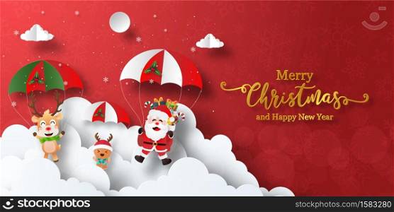 Merry Christmas and Happy New Year, Christmas banner postcard of Santa Claus and friends make a parachute jump
