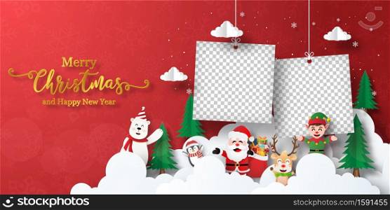 Merry Christmas and Happy New Year, Christmas banner postcard of Santa Claus and friends with blank photo frame
