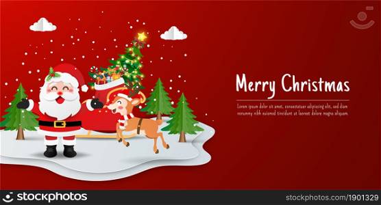 Merry Christmas and Happy New Year, Christmas banner postcard of Santa Claus and reindeer with sleigh in pine forest