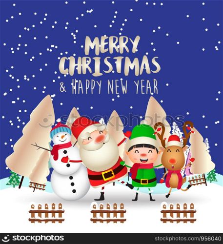 Merry Christmas and Happy New Year. Christmas Cute Animals Character. Happy Christmas Companions. Winter landscape