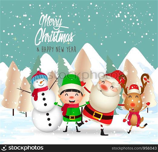 Merry Christmas and Happy New Year. Christmas Cute Animals Character. Happy Christmas Companions. Winter landscape