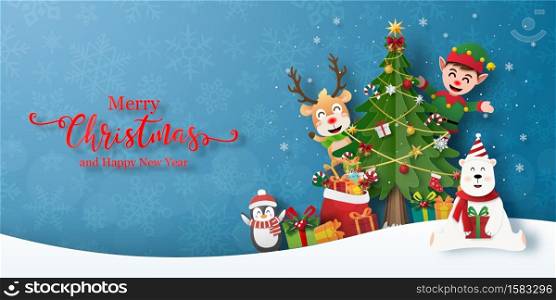 Merry Christmas and Happy New Year, Christmas party with reindeer and friends, Banner background