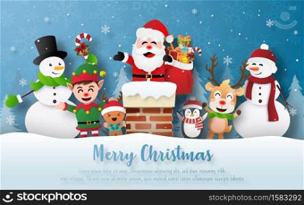 Merry Christmas and Happy New Year, Christmas party with Santa Claus and friends on a chimney
