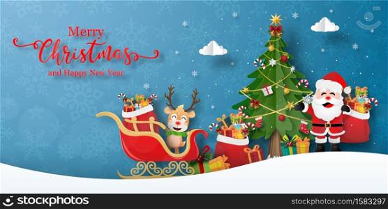Merry Christmas and Happy New Year, Christmas party with Santa Claus and reindeer, Banner background
