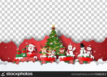 Merry Christmas and Happy New Year, Christmas postcard cover of Santa Claus and friends on Christmas train, Blank space for your text or photo