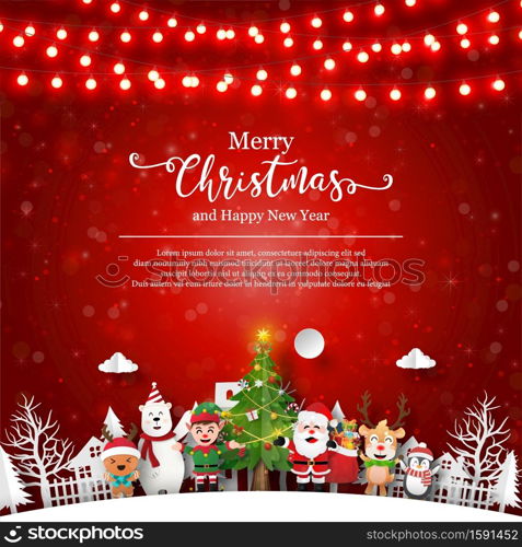 Merry Christmas and Happy New Year, Christmas postcard of Christmas tree with Santa Claus and friends, Paper art style