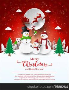 Merry Christmas and Happy New Year, Christmas postcard of Snowman in the village, Paper art style
