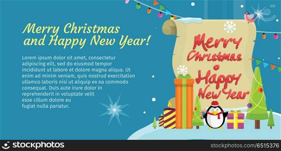 Merry Christmas and Happy New Year Colorful Banner. Merry Christmas and Happy New Year colorful web banner with snow and snowflakes, presents, gift boxes and xmas trees. Add congratulation text. Greeting card, winter season holiday celebration. Vector