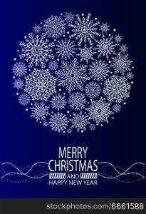 Merry Christmas and Happy New Year cover design with snowflake ball created from ornamental patterns vector illustration isolated on blue background. Merry Christmas Happy New Year Cover Design Poster
