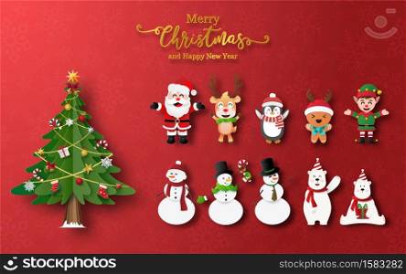 Merry Christmas and Happy New Year, Cute Christmas character in paper cut style