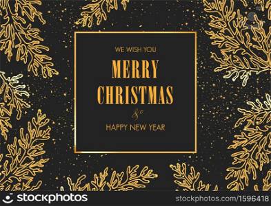 Merry Christmas and Happy New Year dark greeting card with coniferous tree. Snowy border frame banner with golden typhography design on black background. Vector template illustration.. Merry Christmas and Happy New Year greeting card