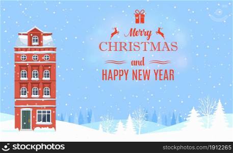 Merry Christmas and Happy New Year design for greeting cards and poster. Christmas with winter landscape with snowflakes. Vector illustration. .. Merry Christmas design