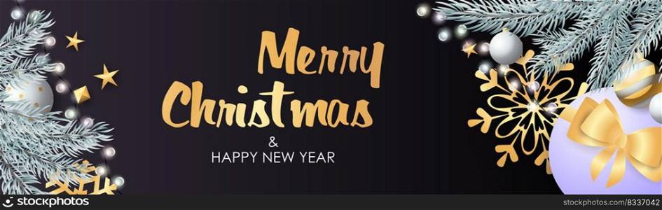 Merry Christmas and Happy New Year design with sparkling silver light bulbs, presents and gold star decoration on black background. Lettering can be used for posters, leaflets, announcements