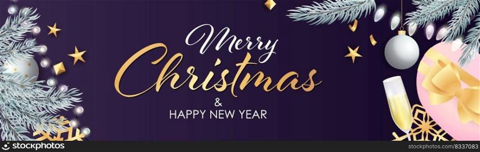 Merry Christmas and Happy New Year design with sparkling silver light bulbs, presents and ch&agne glass on purple background. Lettering can be used for posters, leaflets, announcements. Merry Christmas and Happy New Year design with ch&agne glass