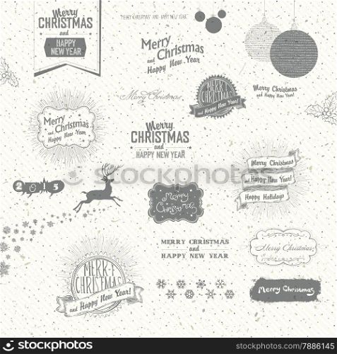 Merry Christmas And Happy New Year Elements. Typographic, Hand-Drawn and Textures Collection