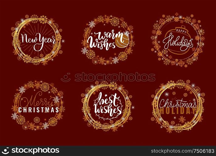 Merry Christmas and Happy New Year festive greetings, calligraphic winter season wishes. Handwritten text on Xmas, lettering in wreath tag, snowflakes. Merry Christmas, Happy New Year Festive Greetings