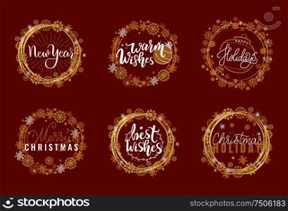 Merry Christmas and Happy New Year festive greetings, calligraphic winter season wishes. Handwritten text on Xmas, lettering in wreath tag, snowflakes. Merry Christmas, Happy New Year Festive Greetings
