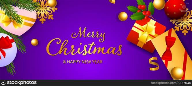 Merry Christmas and Happy New Year festive poster. Design with Christmas balls, swirl elements on violet background. Lettering can be used for greeting cards, posters, leaflets