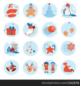 Merry Christmas and Happy New Year flat icon design with cute cartoon character for holiday greeting card decoration or banner, flyer. Vector illustration.