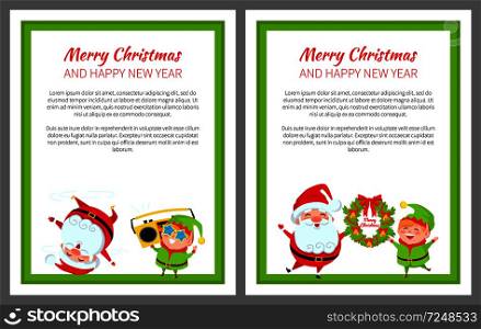 Merry Christmas and happy New Year, fun and joy in placard with text and headlines, Santa and Elf with symbolic element, vector illustration. Merry Christmas Fun and Joy Vector Illustration