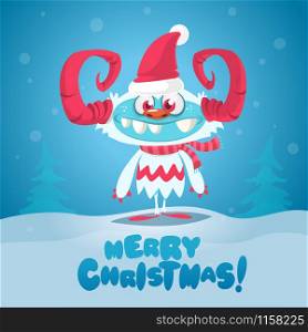 Merry Christmas and Happy new year funny poster with cute monster. Vector illustration