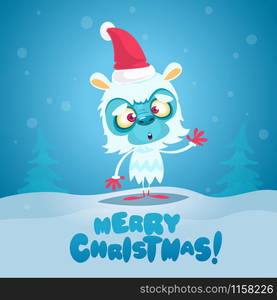 Merry Christmas and Happy new year funny poster with cute monster. Vector illustration