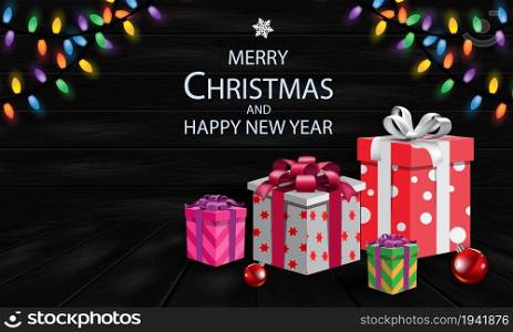 Merry Christmas and Happy New Year Gift box on black oak wood plank with text design for holiday festival celebration vector background illustration.