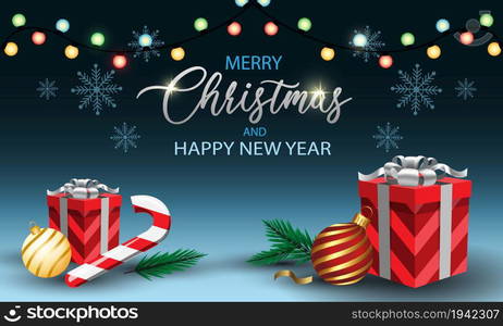 Merry Christmas and Happy New Year Gift box on blue with text design for holiday festival celebration vector background illustration.