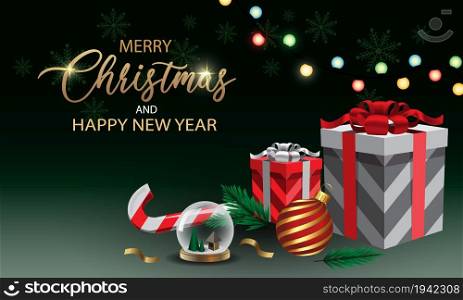 Merry Christmas and Happy New Year Gift box on dark green with text design for holiday festival celebration vector background illustration.