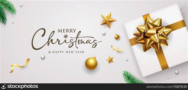 Merry Christmas and happy new year gold bow ribbon gift box banners design on white background, Eps 10 vector illustration