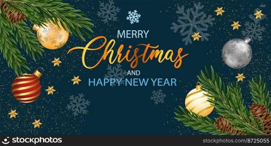 Merry Christmas and Happy New Year green pine leaf gold silver ball stars on dark blue design for holiday festival celebration background vector illustration.