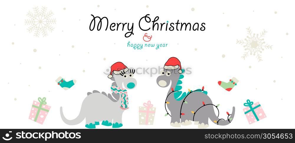 Merry Christmas and happy new year greeting banner card design with cute dinosaurs