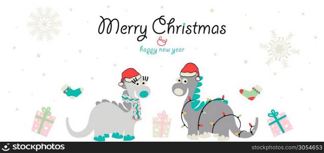 Merry Christmas and happy new year greeting banner card design with cute dinosaurs