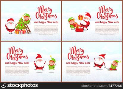 Merry Christmas and Happy New Year greeting card. Santa and elf decorating xmas tree, put presents in sack, jumping of happiness and riding sleigh. Merry Christmas and Happy New Year Greeting Cards
