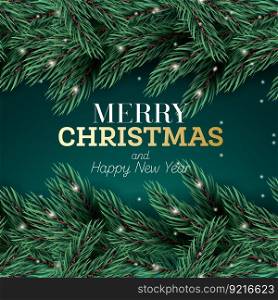 Merry Christmas and Happy New Year Greeting Card. Fir Branch with Neon Lights on Green Background. Vector Illustration. 