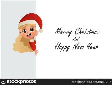 Merry christmas and happy new year greeting card. A cute ilttle girl in red christmas costume is holding whiteboard. Vector cartoon illustration.