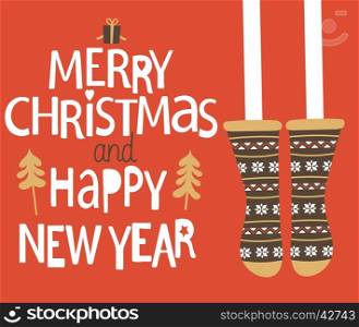 Merry Christmas and Happy new year Greeting Card. Christmas stocking. Vector illustration.. Christmas and Happy new year Greeting Card.